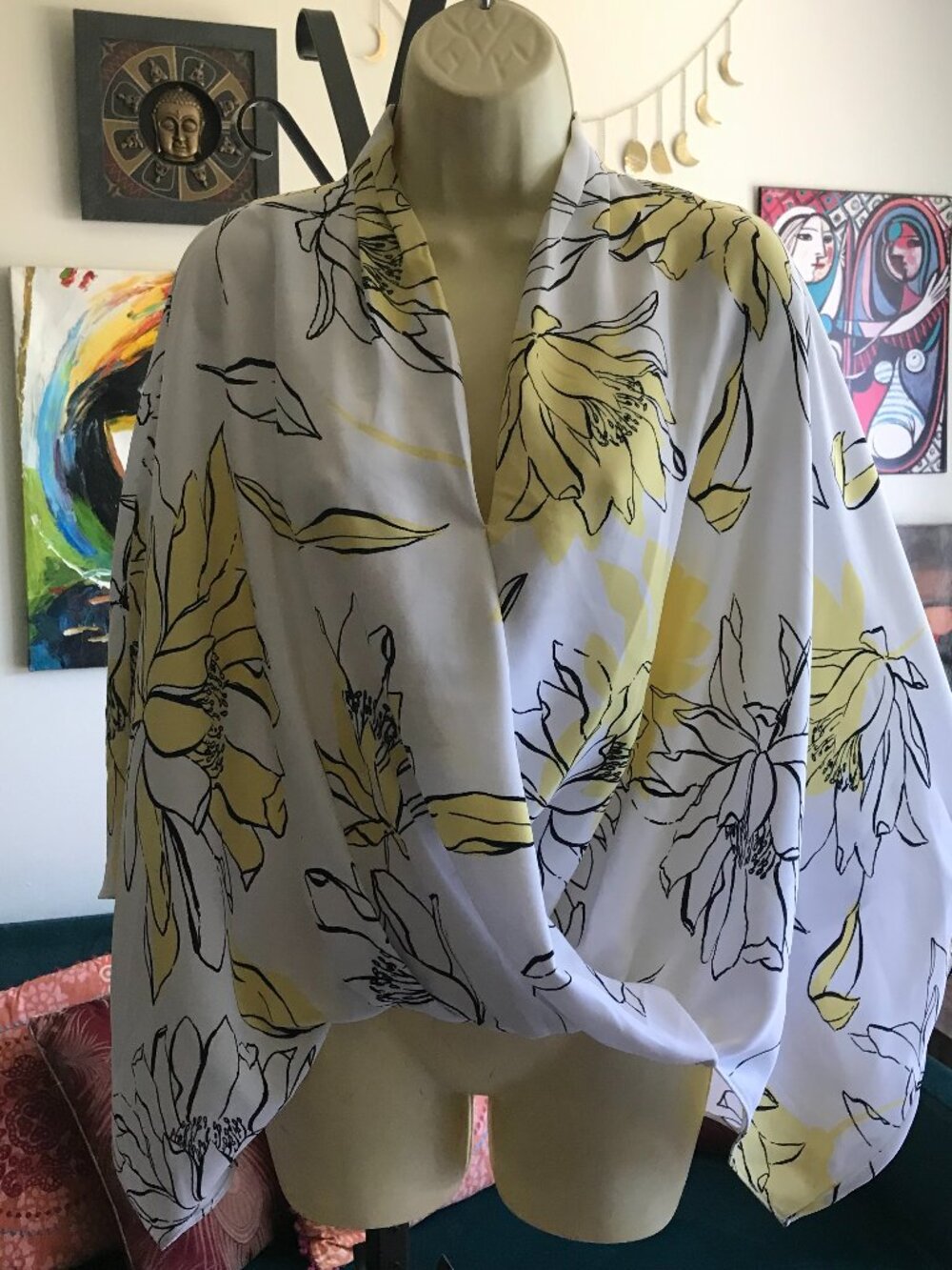 ALFANI size M Yellow & White Floral Print Oversized Batwing Blouse Top